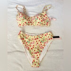 Victoria’s Secret Strawberry Floral Bikini Set Yellow Padded Top Cheeky M